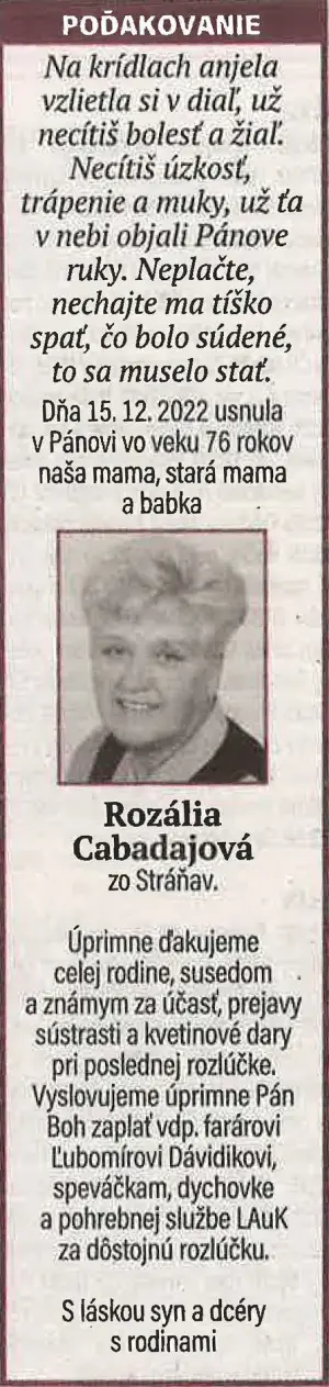 Poďakovanie 102 - pohrebné služby LAuK