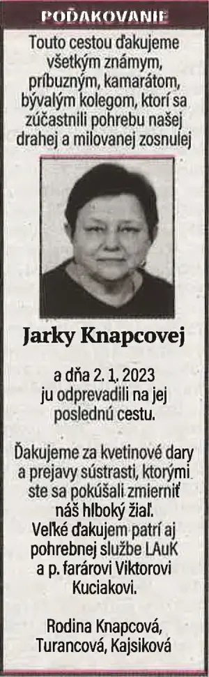 Poďakovanie 100 - pohrebné služby LAuK