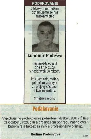 Poďakovanie 91 - pohrebné služby LAuK