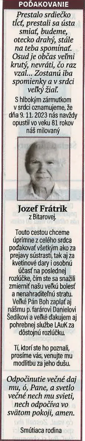 Poďakovanie 80 - pohrebné služby LAuK