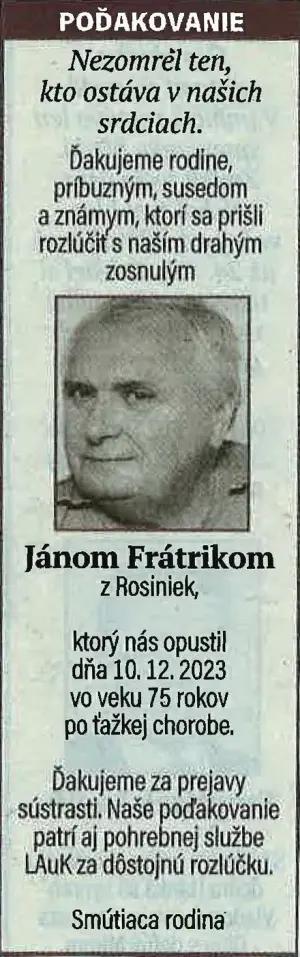 Poďakovanie 75 - pohrebné služby LAuK