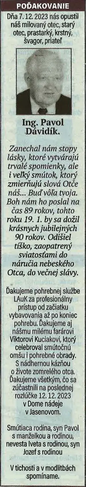 Poďakovanie 74 - pohrebné služby LAuK