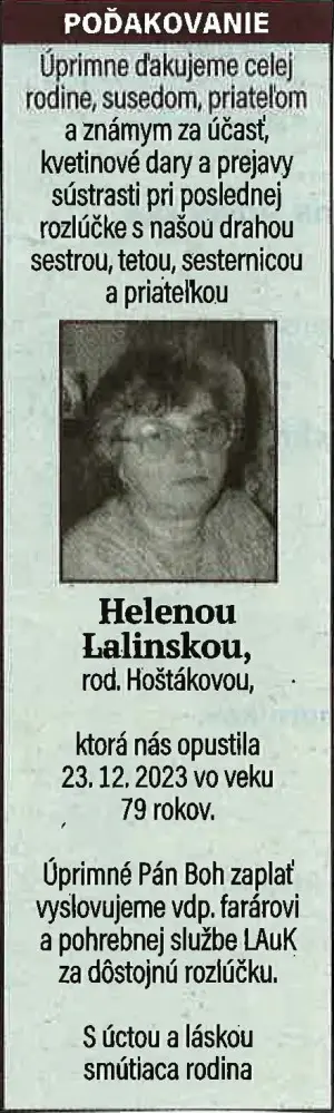 Poďakovanie 73 - pohrebné služby LAuK
