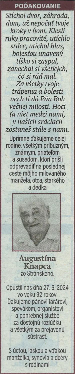 Poďakovanie 60 - pohrebné služby LAuK