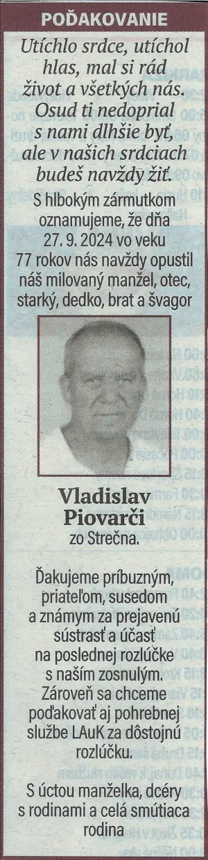 Poďakovanie 58 - pohrebné služby LAuK