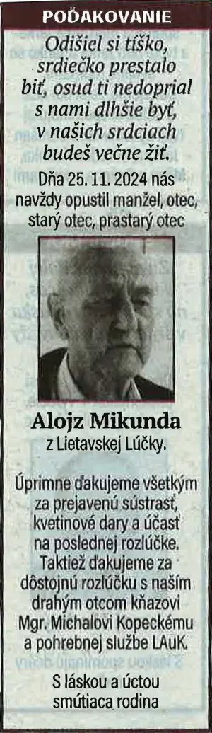 Poďakovanie 55 - pohrebné služby LAuK