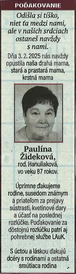 Poďakovanie 45 - pohrebné služby LAuK