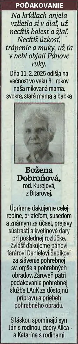 Poďakovanie 44 - pohrebné služby LAuK