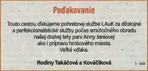 Poďakovanie 40 - pohrebné služby LAuK