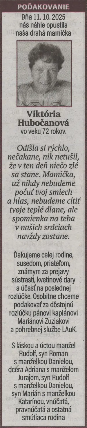 Poďakovanie 29 - pohrebné služby LAuK