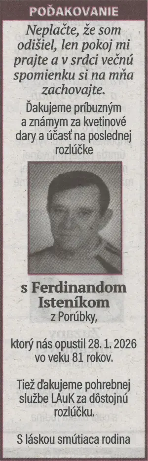 Poďakovanie 18 - pohrebné služby LAuK