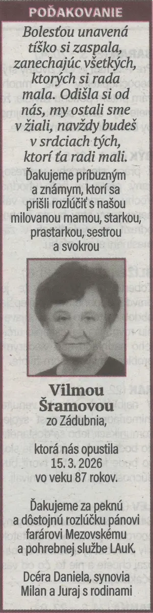 Poďakovanie 14 - pohrebné služby LAuK