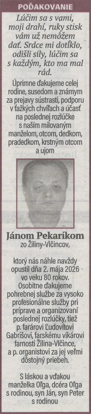 Poďakovanie 12 - pohrebné služby LAuK