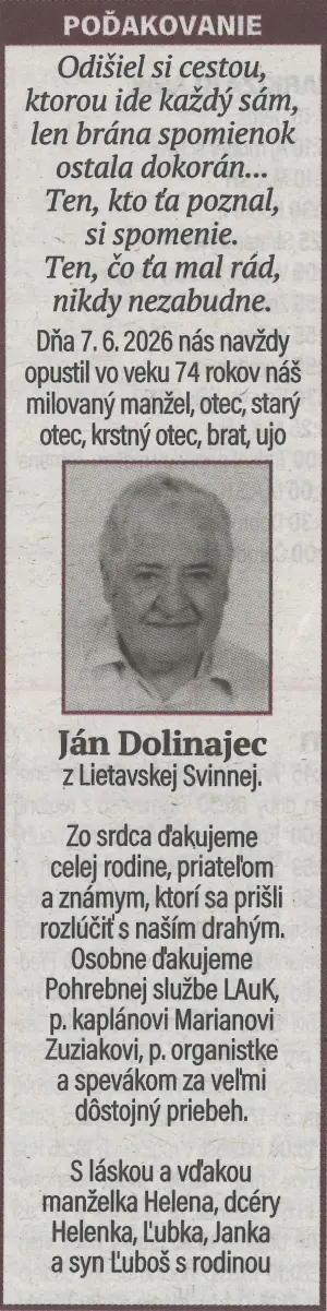 Poďakovanie 9 - pohrebné služby LAuK
