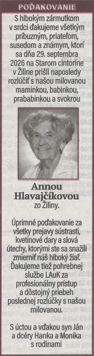 Poďakovanie 1 - pohrebné služby LAuK
