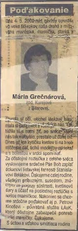Poďakovanie 334 - pohrebné služby LAuK