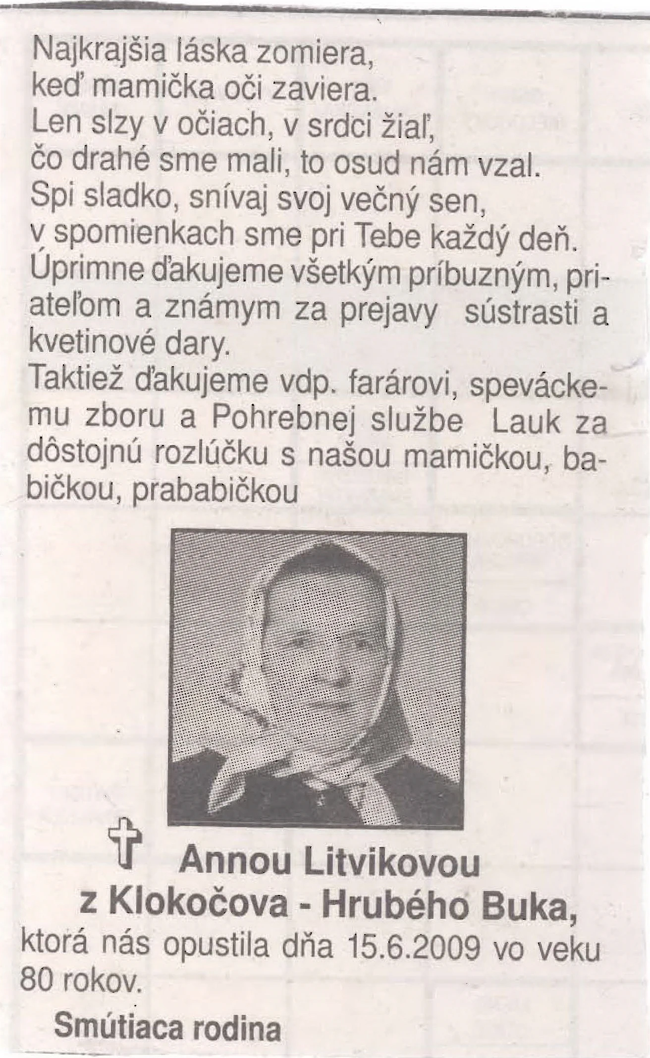 Poďakovanie 333 - pohrebné služby LAuK