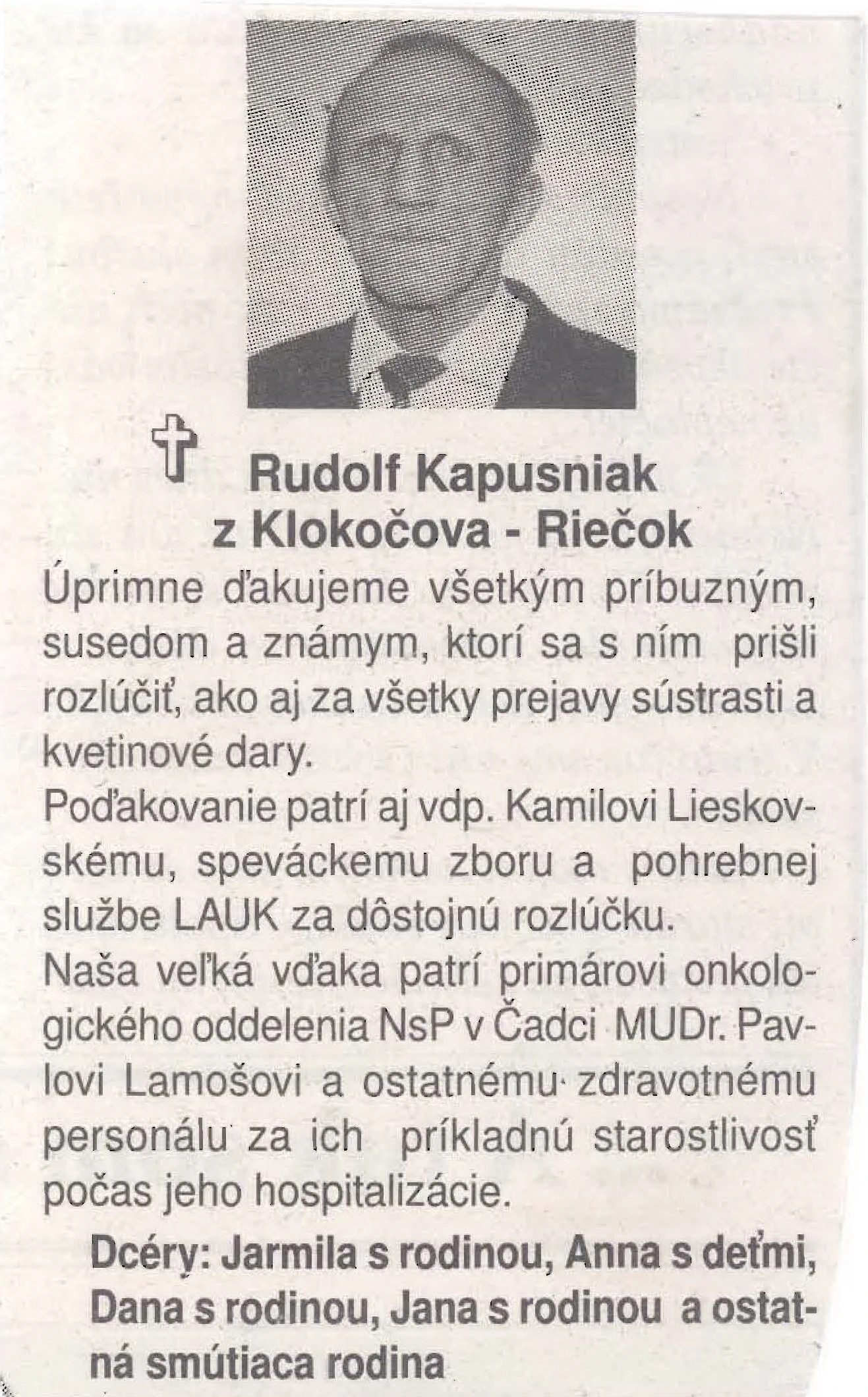 Poďakovanie 332 - pohrebné služby LAuK