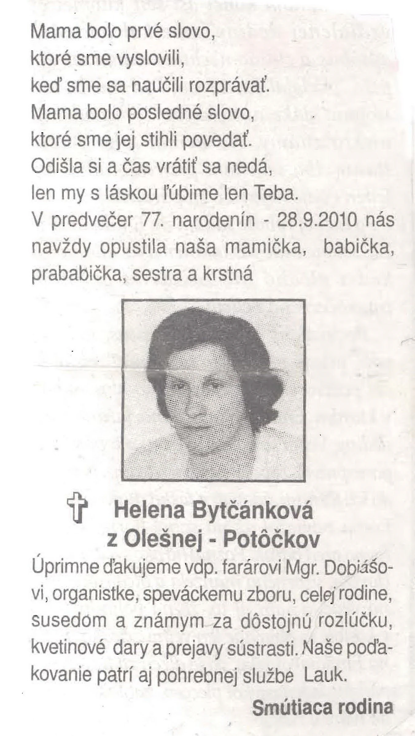Poďakovanie 329 - pohrebné služby LAuK