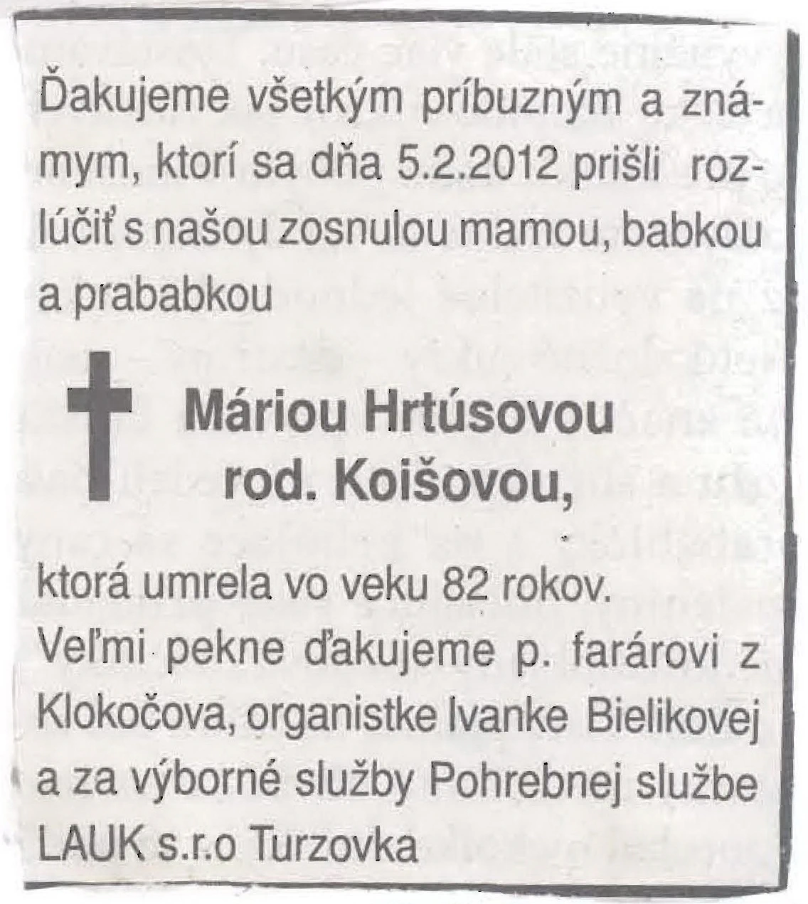 Poďakovanie 321 - pohrebné služby LAuK