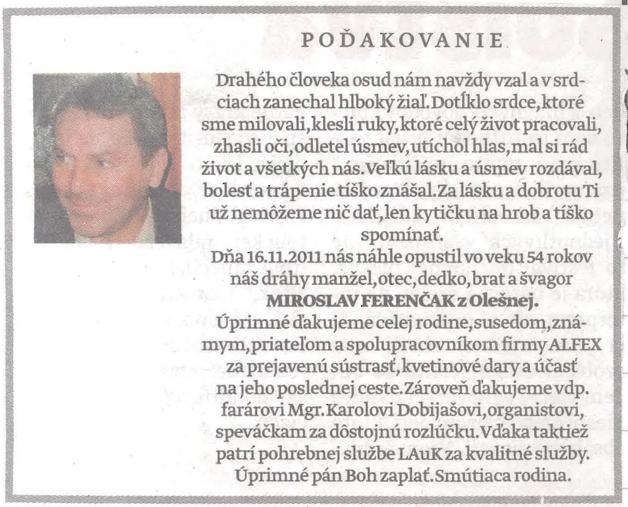 Poďakovanie 318 - pohrebné služby LAuK