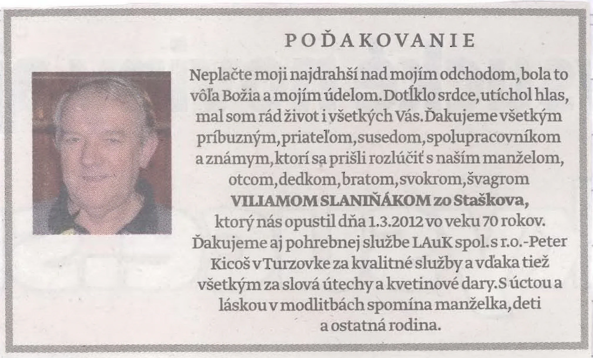 Poďakovanie 317 - pohrebné služby LAuK