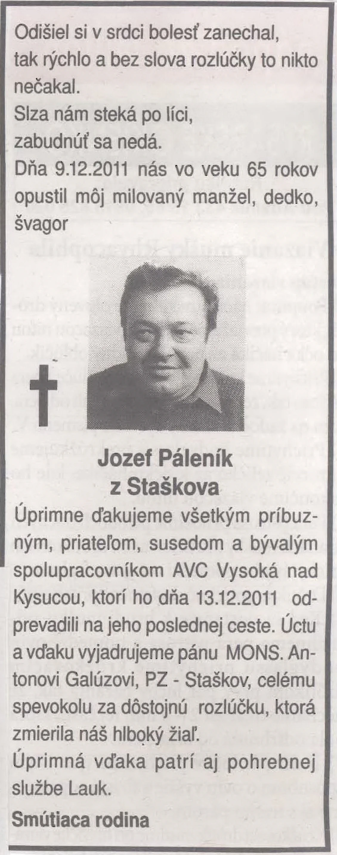 Poďakovanie 316 - pohrebné služby LAuK