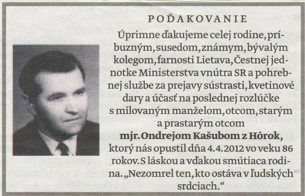 Poďakovanie 314 - pohrebné služby LAuK