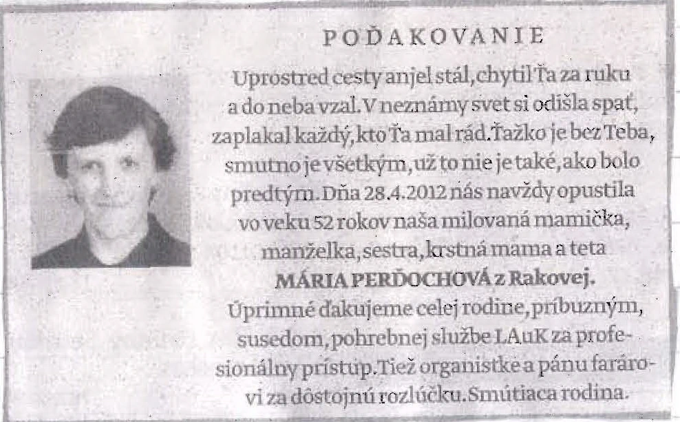 Poďakovanie 309 - pohrebné služby LAuK