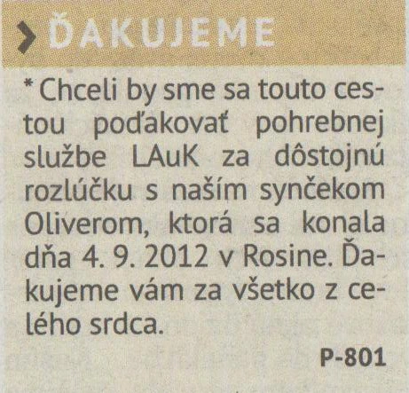 Poďakovanie 307 - pohrebné služby LAuK