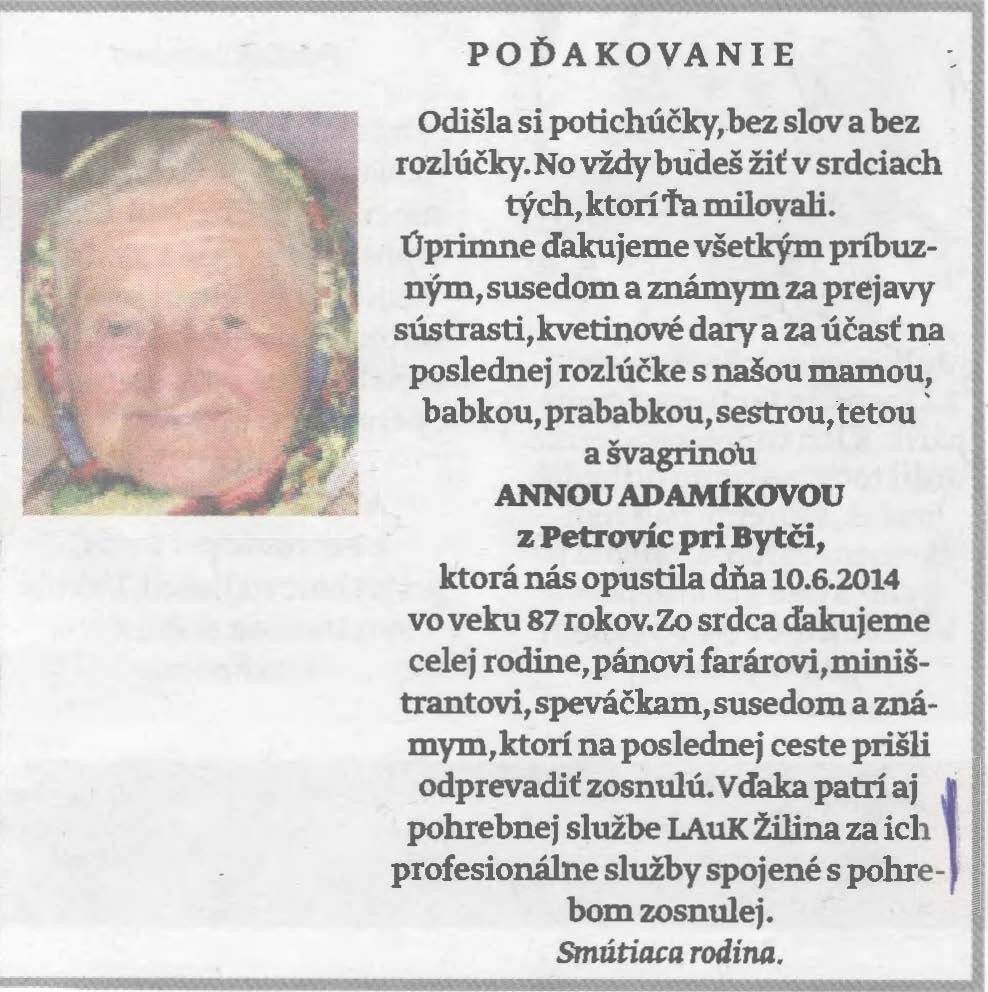 Poďakovanie 302 - pohrebné služby LAuK