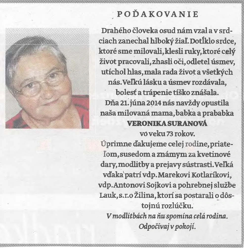 Poďakovanie 300 - pohrebné služby LAuK