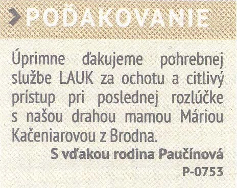 Poďakovanie 298 - pohrebné služby LAuK