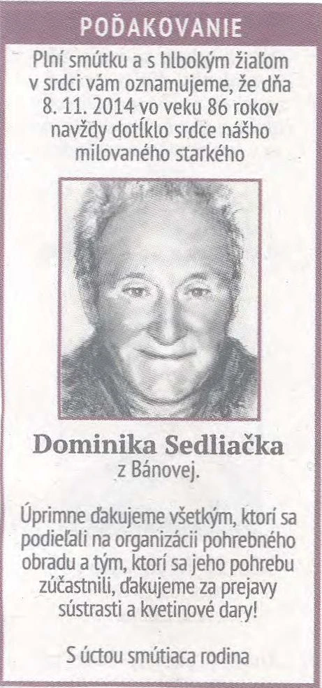 Poďakovanie 296 - pohrebné služby LAuK