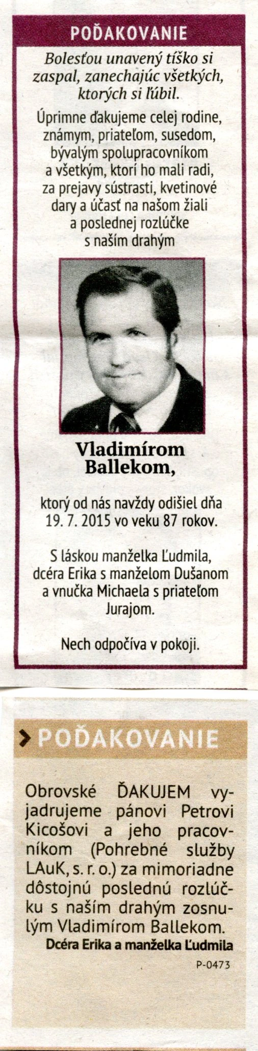 Poďakovanie 292 - pohrebné služby LAuK