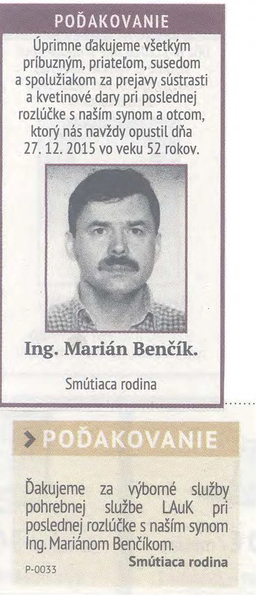 Poďakovanie 289 - pohrebné služby LAuK