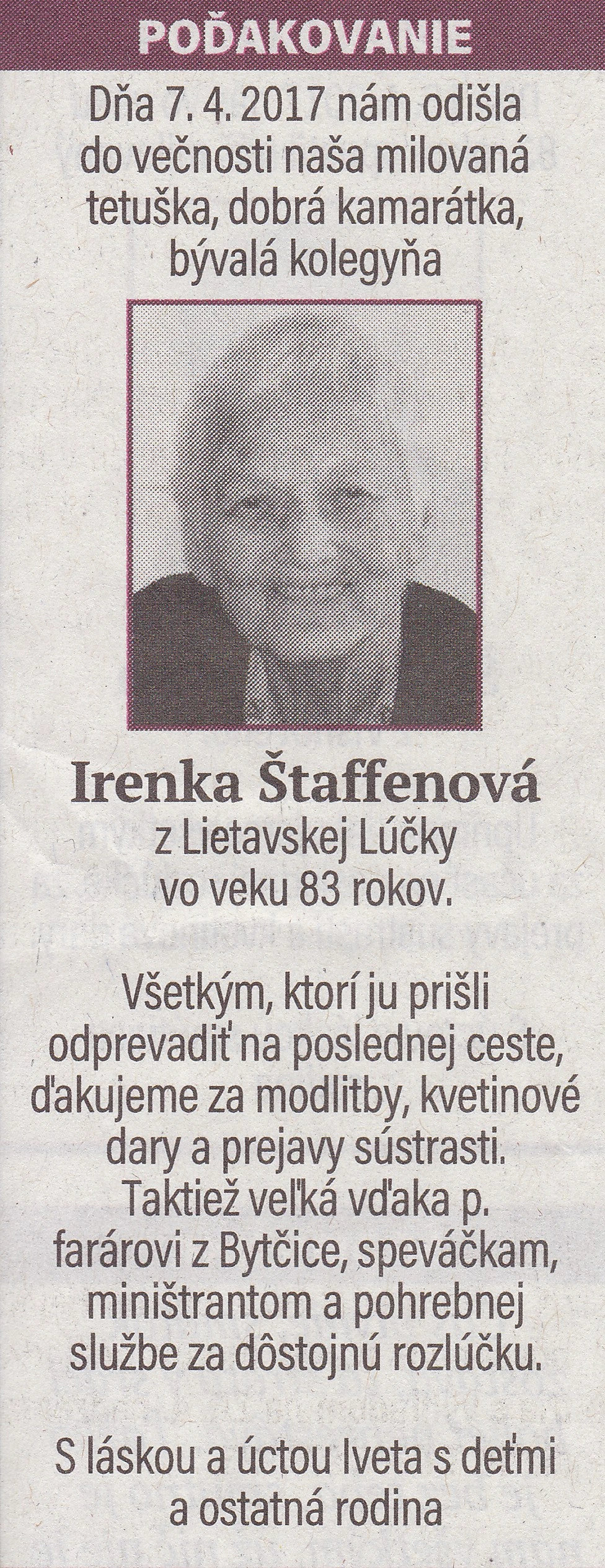 Poďakovanie 267 - pohrebné služby LAuK