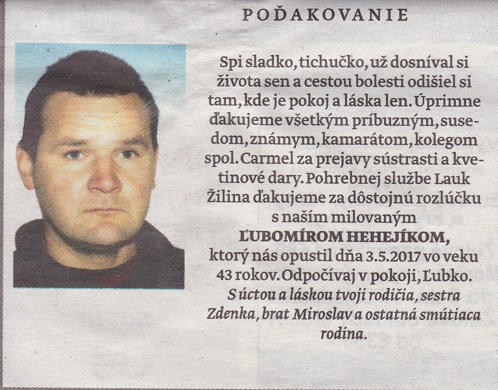 Poďakovanie 265 - pohrebné služby LAuK