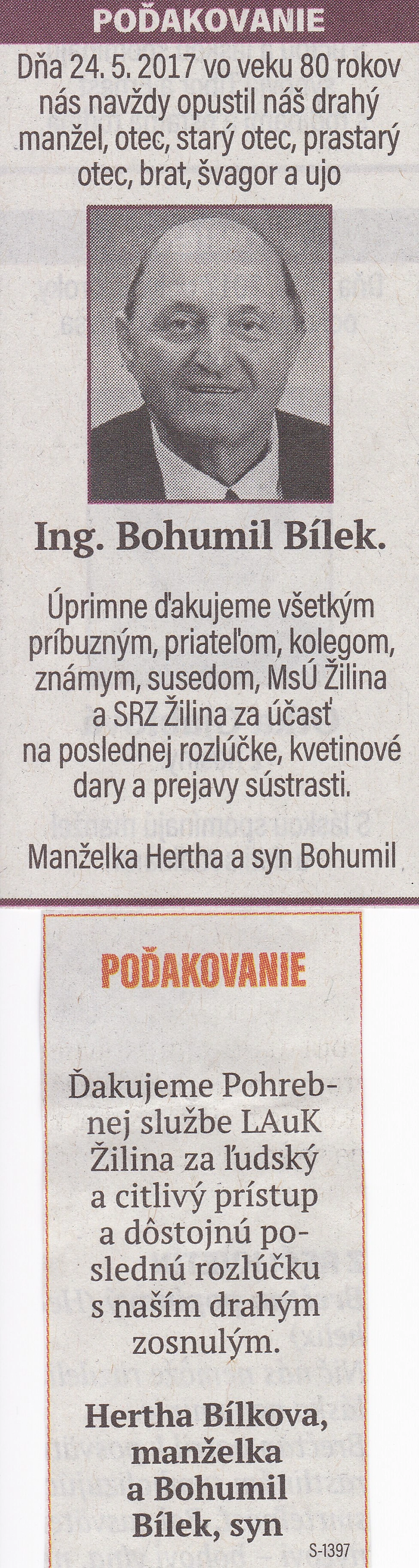 Poďakovanie 263 - pohrebné služby LAuK