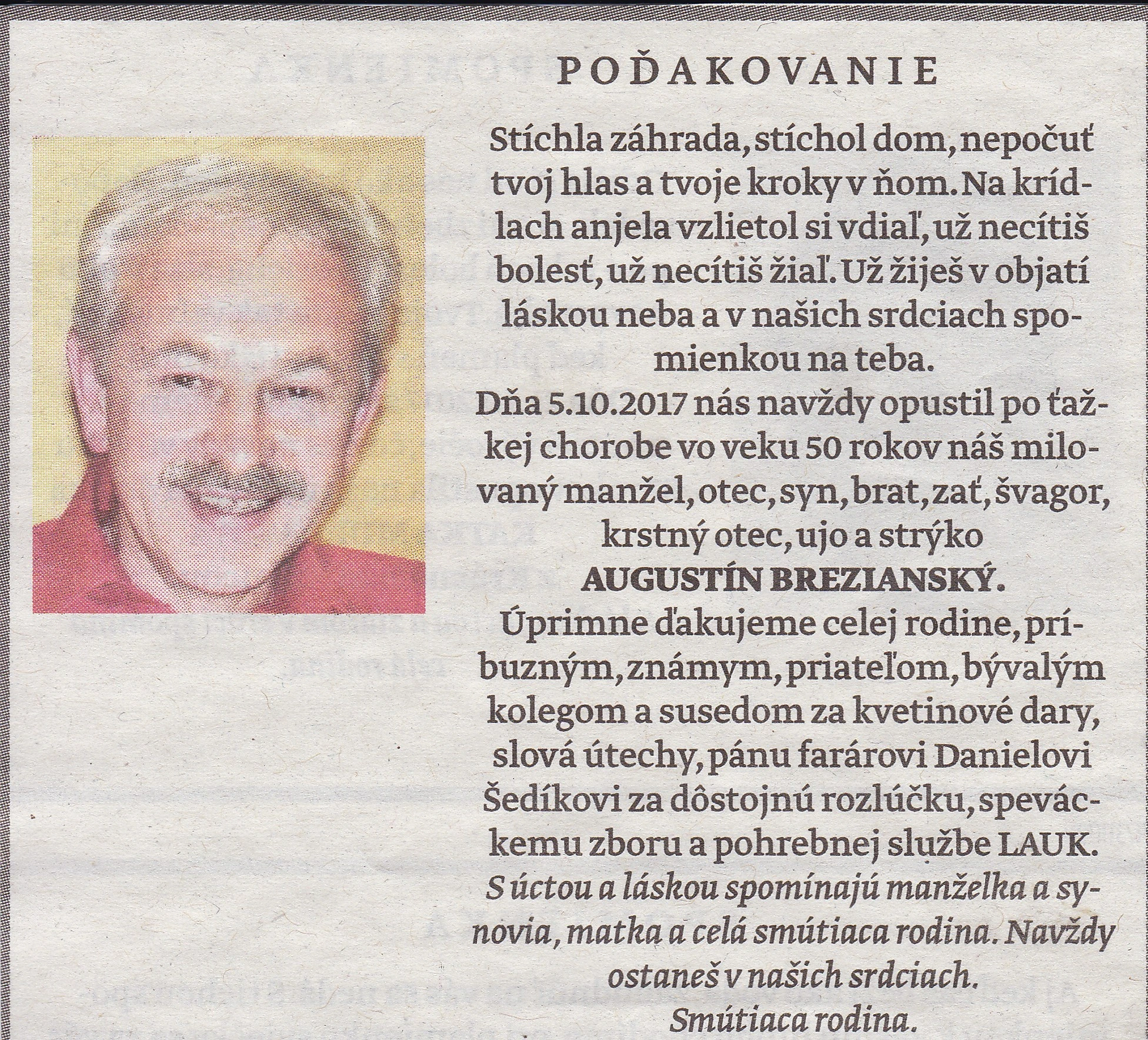 Poďakovanie 256 - pohrebné služby LAuK