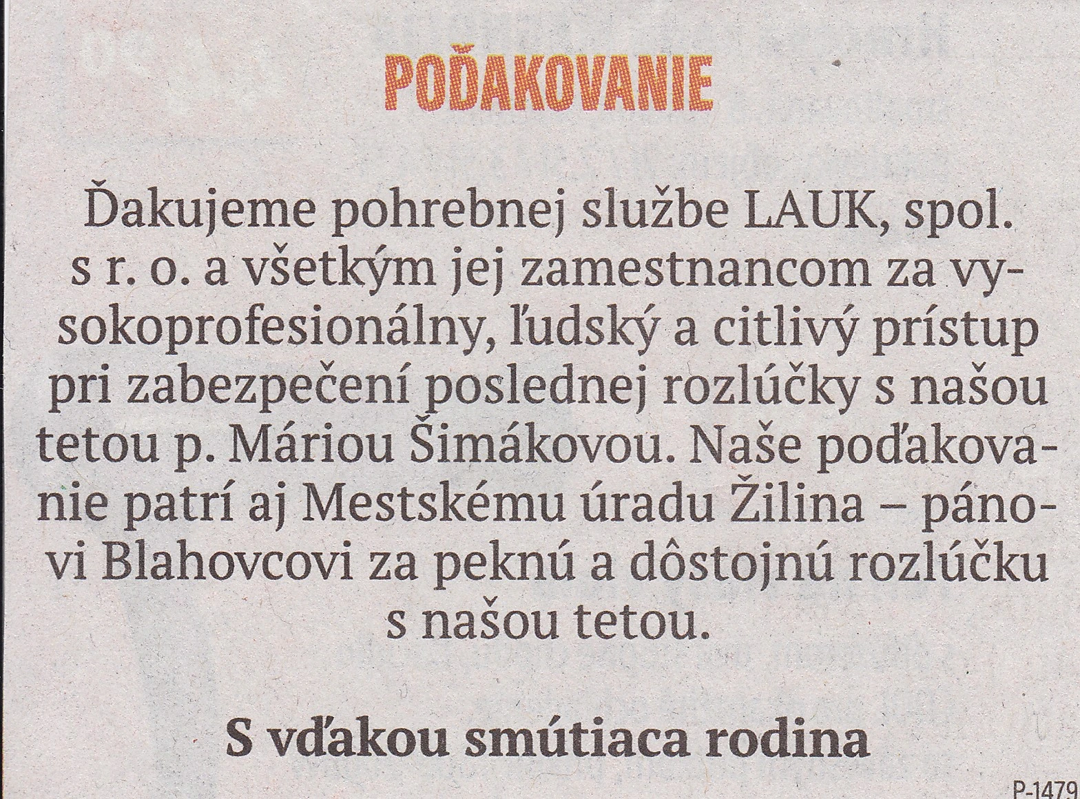 Poďakovanie 252 - pohrebné služby LAuK