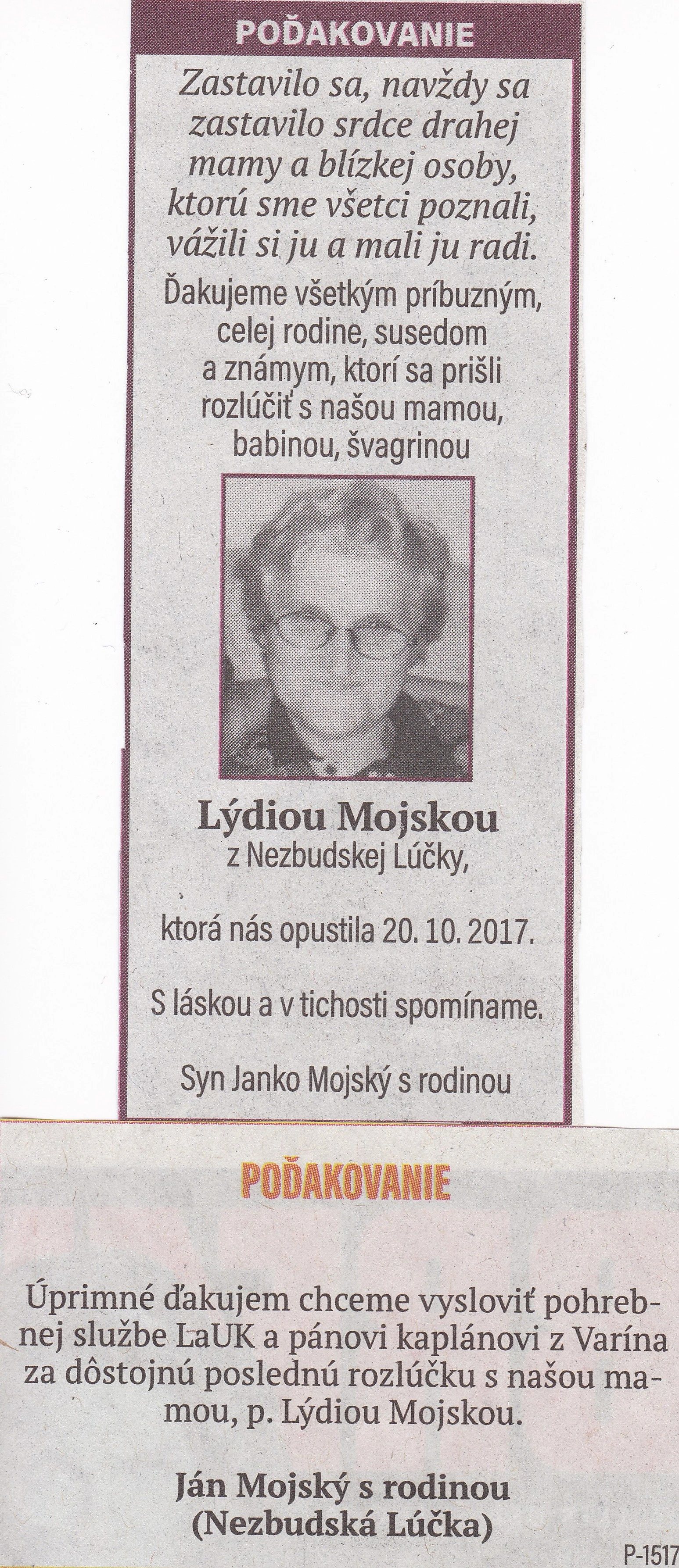 Poďakovanie 250 - pohrebné služby LAuK