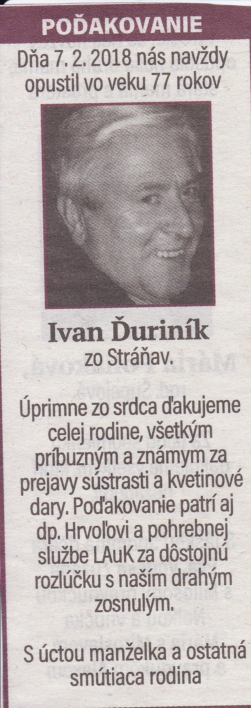 Poďakovanie 243 - pohrebné služby LAuK