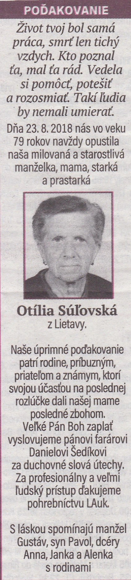Poďakovanie 232 - pohrebné služby LAuK