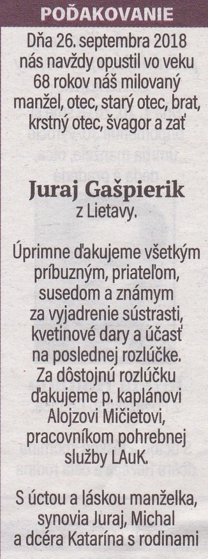 Poďakovanie 229 - pohrebné služby LAuK