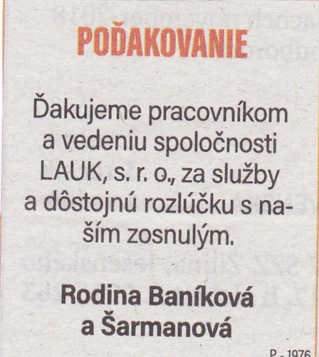 Poďakovanie 228 - pohrebné služby LAuK