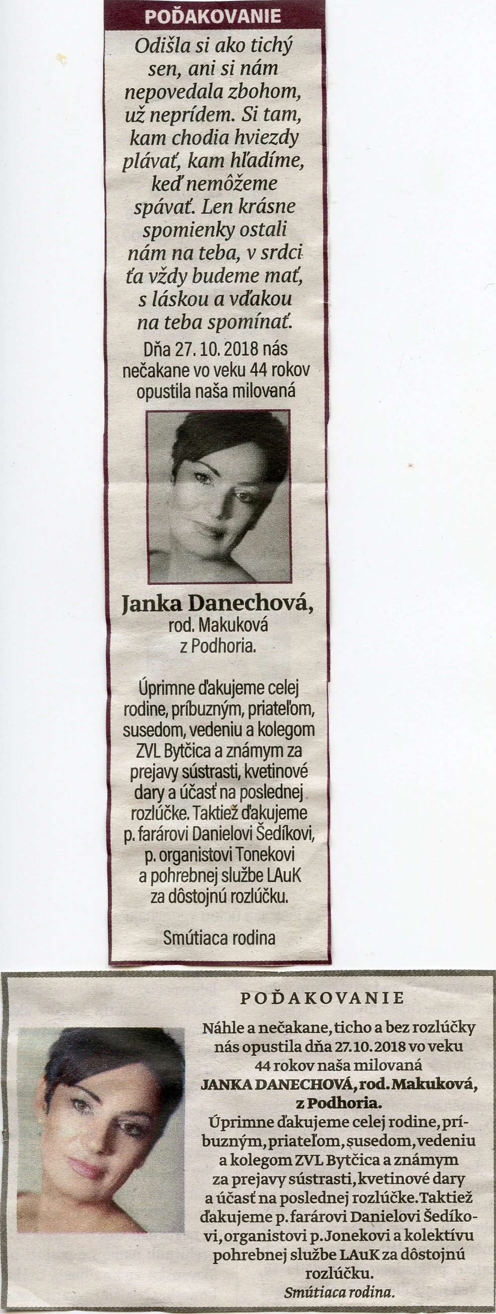 Poďakovanie 224 - pohrebné služby LAuK