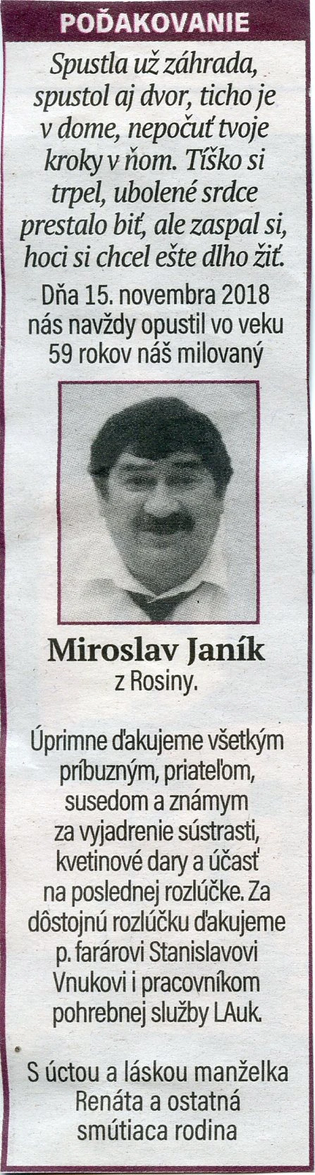 Poďakovanie 223 - pohrebné služby LAuK