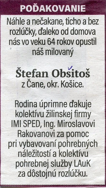 Poďakovanie 222 - pohrebné služby LAuK