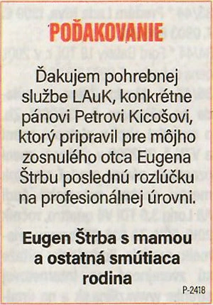 Poďakovanie 206 - pohrebné služby LAuK